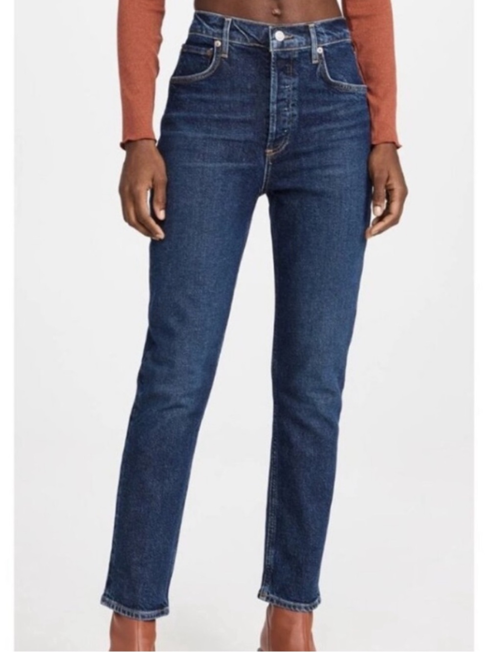 Agolde‎ Riley Long High Rise Straight Leg Button Fly Stretch Blue Jeans Size 25